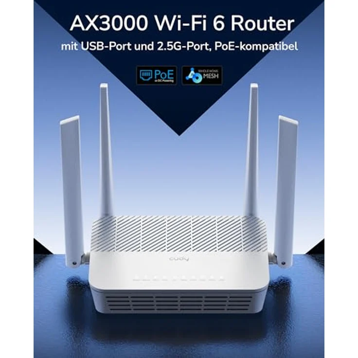 Cudy AX3000 2.5G Wi-Fi 6 Mesh PoE Router, 2976 Mbps, Schwarz, Dual-Band, PoE-Unterstützung, USB 2.0 Anschluss – Bild 3