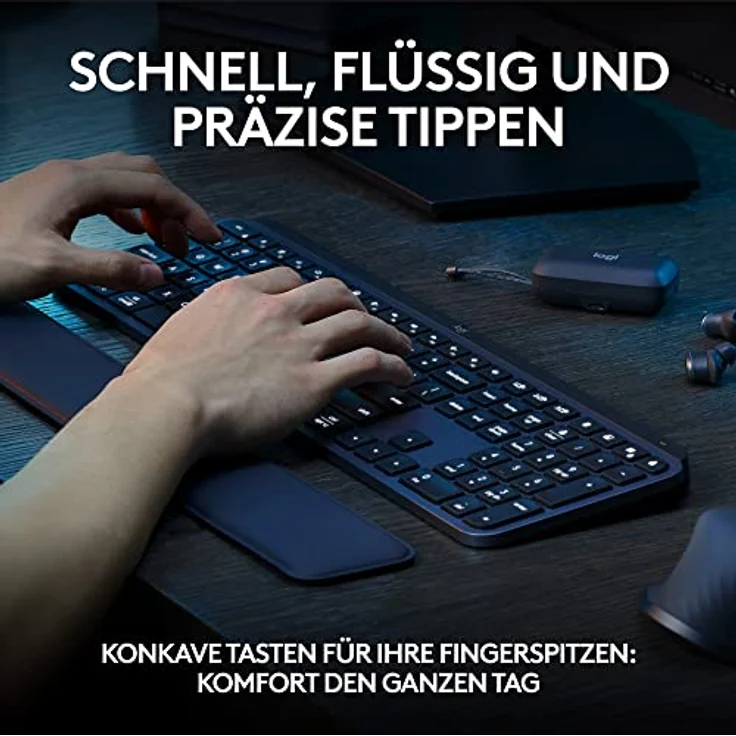 Logitech MX Keys S kabellose Tastatur, Low Profile, Fluid Quiet Typing, Programmable Keys, Backlighting, Bluetooth, USB C Rechargeable, für Windows PC, Linux, Chrome, Mac, Deutsches QWERTZ - Grau – Bild 2