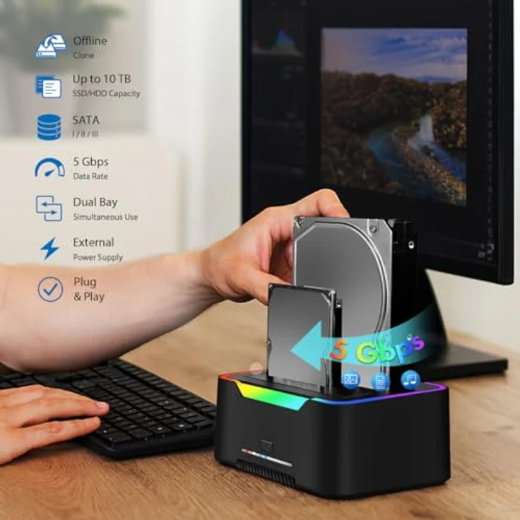 LogiLink 2-Port Dual-Dockingstation, USB-C 3.2 Gen1 für 2.5" & 3.5" Festplatten, Offline-Clonefunktion, 5 GBit/s Datenübertragung, geeignet für bis zu 10 TB pro Slot – Bild 2