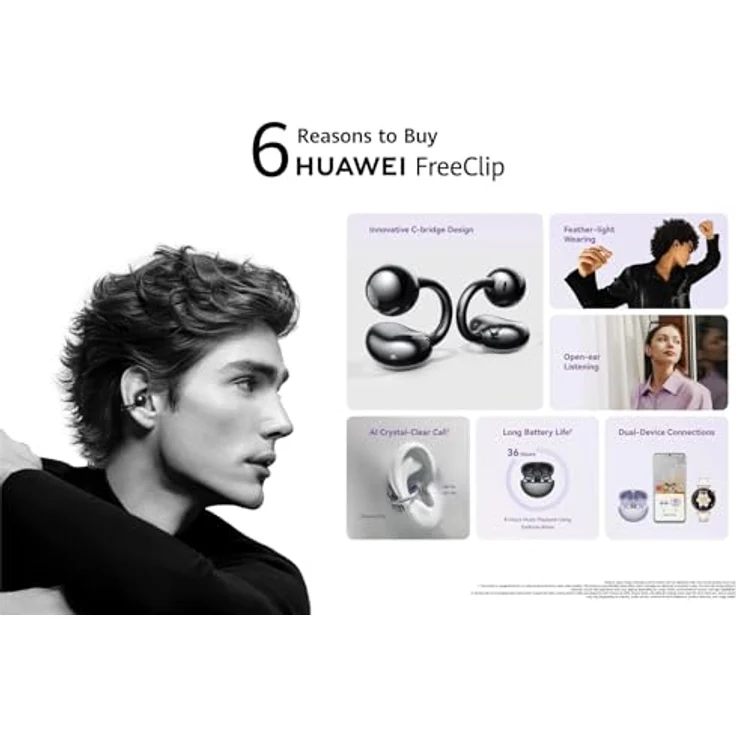 Huawei FreeClip In-Ear-Kopfhörer, kabellos mit Doppelmagnettreibern, IP54 wasser- und staubgeschützt, Ladecase für 36 Stunden Musikgenuss, schwarz – Bild 5
