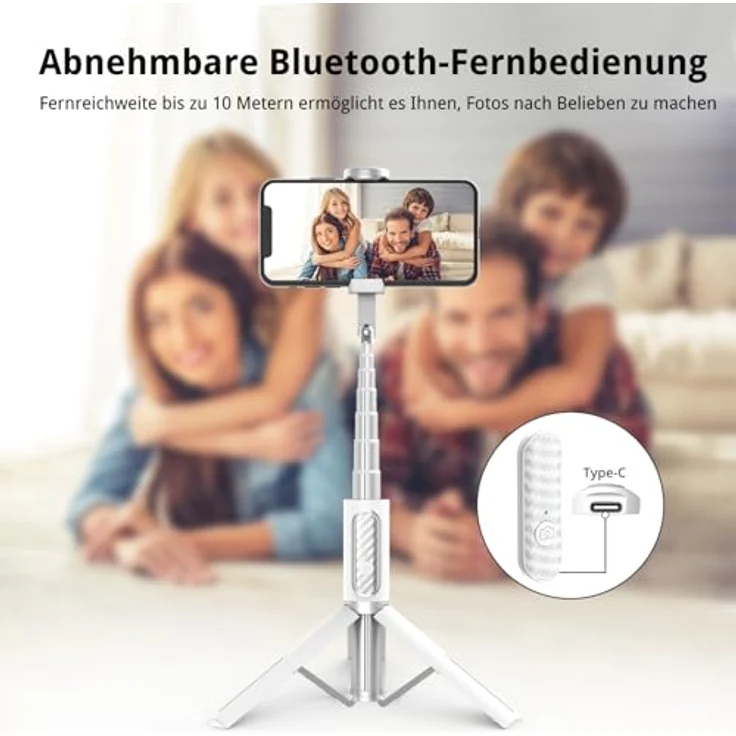 ATUMTEK Selfie Stick Stativ, 3-in-1 Aluminium Handy Stativ mit kabelloser Bluetooth-Fernbedienung, kompatibel mit iPhone 17/16/15/14/13/12 mini/11 Pro und Samsung Smartphones, Weiß – Bild 4