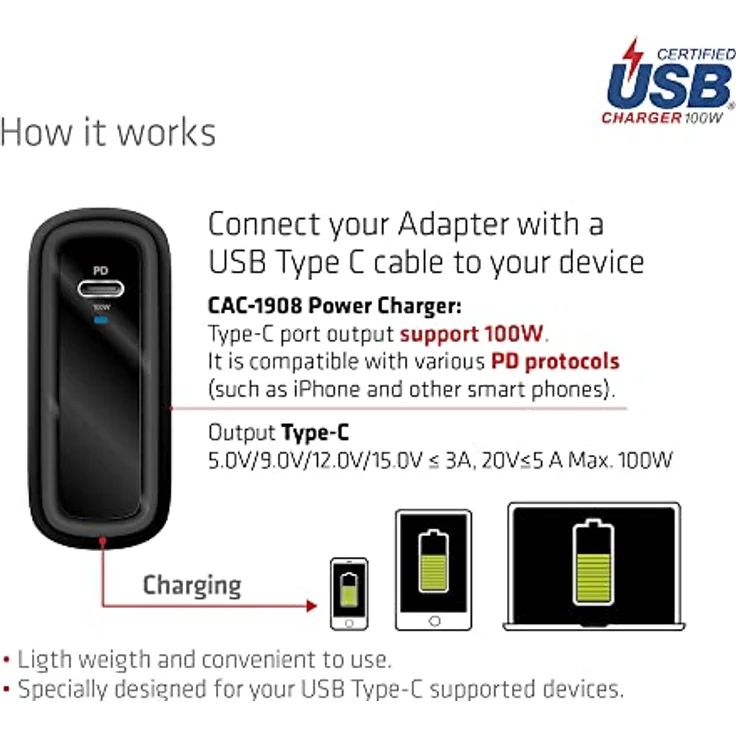 Club 3D CAC-1908EU Reiseladegerät 100 Watt GAN-Technologie, USB-IF TID-Zertifiziert, Einzelanschluss USB Typ-C, PD 3.0-Unterstützung – Bild 4