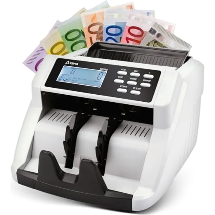 Olympia NC 560 Geldzählmaschine, Gemischtwertzähler für unsortierte Banknoten mit Falschgeldprüfer, 1000 Noten/Min, LCD Display, kompakt, inkl. Anschlüssen für externes Display und Drucker