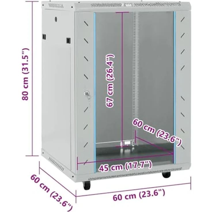 vidaXL Netzwerkschrank Grau 60 x 60 x 80 cm, stabiler Stahl mit Sicherheitsglas, mobiler Büro-Schrank, hitzebeständig, ideal für Netzwerkausrüstung – Bild 2