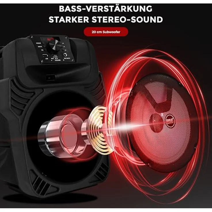 Pyle PPHP844B, Bluetooth PA Lautsprecher mit 400W, 8" Subwoofer, LED Party Lichter, Akku, USB/MP3 und Mikrofoneingängen – Bild 2