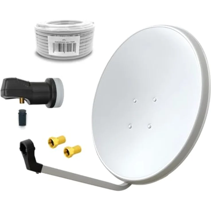 ARLI 60cm HD Satellitenantenne mit Single LNB, 20m Koaxialkabel 135dB, 2 F-Stecker, UHD 4K Full HD, lichtgrau/weiß – Bild 1