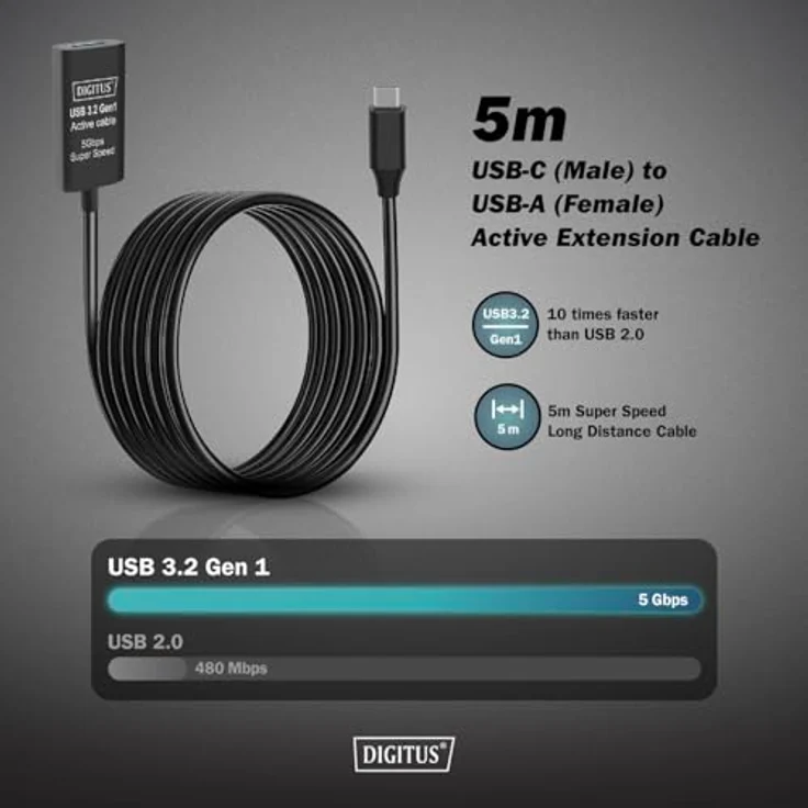 DIGITUS Aktives USB 3.2 Gen 1 Verlängerungskabel – 5 m – USB-C Stecker auf USB-A Buchse – Bis zu 5 Gbit/s – Stromversorgung über USB – Schwarz – Bild 2