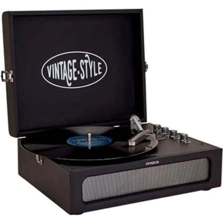 Aiwa VPX-1971/BK Vintage-Plattenspieler im Kunstlederkoffer mit Bluetooth 5.0, MP3-Player und USB-Recorder, Schwarz
