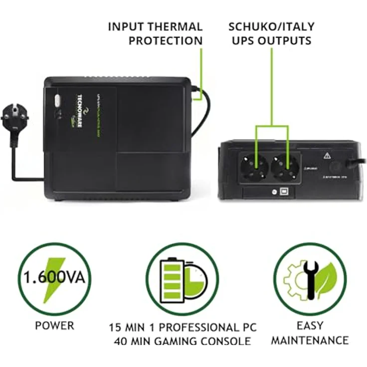 Tecnoware FGCERAPLAT1602SCH Unterbrechungsfreie Stromversorgung (USV) Line-Interaktiv 1,6 kVA 1120 W 2 AC-Ausgänge, ERA PLUS ACTIVE 1600 Gruppe, schwarz – Bild 3