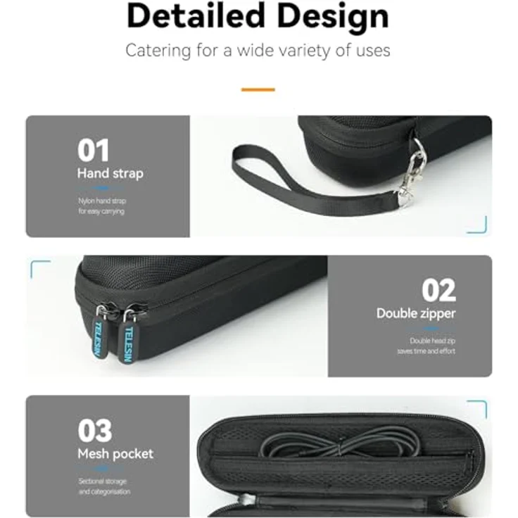 TELESIN Kleine Reise-Hartschalen-Tragetasche für DJI Pocket 3, wasserdicht, leicht mit Netz-Tasche für Zubehör, Schwarz – Bild 2