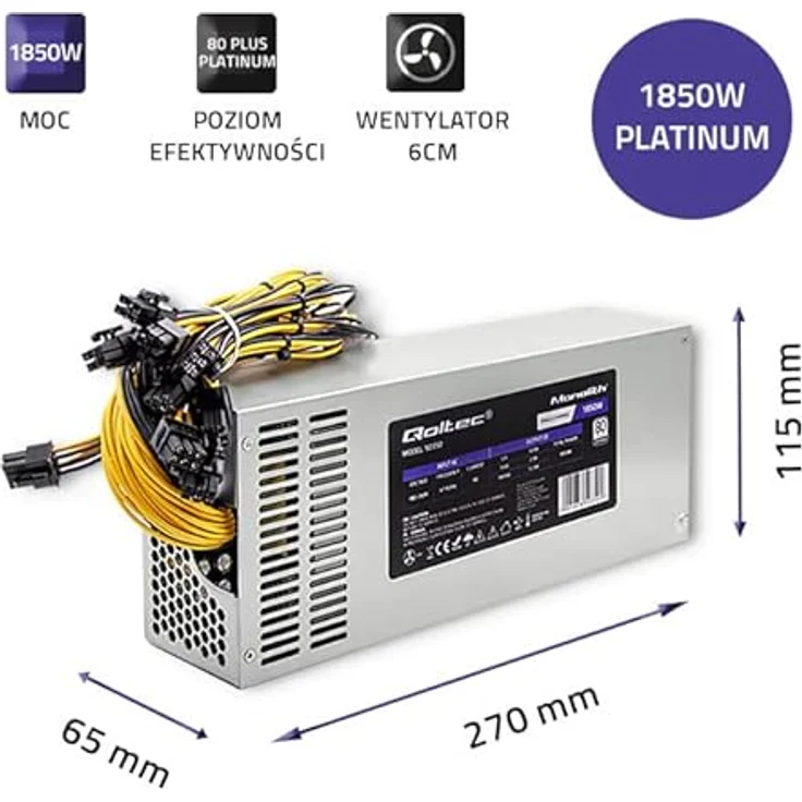 Qoltec 50350 Power Supply 1850W PCI-E 80 Plus Platinum Gaming Miner, Platinum (Qoltec) – Bild 4