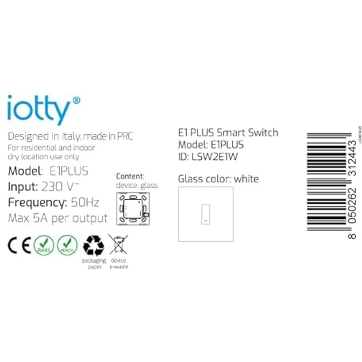 iotty E1 PLUS, intelligenter WiFi-Schalter für Licht und Tore, kompatibel mit Google Home, Alexa und Siri, iOS/Android App, beleuchtetes Glas-Touchfeld, Temperatur- und Helligkeitssensoren, Weiß – Bild 3