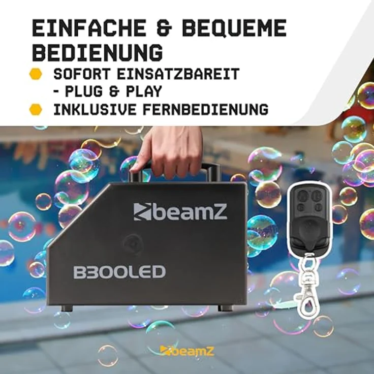 BeamZ B300 LED Seifenblasenmaschine, kabellose Fernbedienung, RGB Lichteffekt mit 3 x 3W LEDs, ABS-Kunststoff – Bild 4