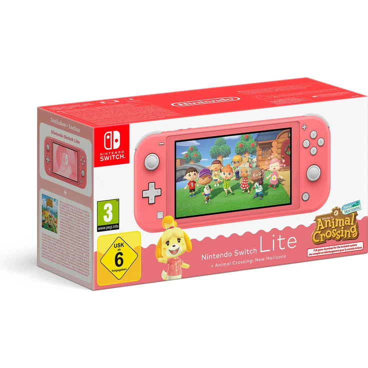 Nintendo Switch Lite - Animal Crossing New Horizons Bundle - tragbare Spielkonsole in Koralle, ergonomisches Design, WLAN-fähig