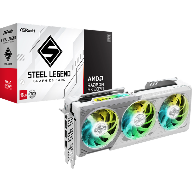 ASRock Radeon RX 9070 Steel Legend OC Grafikkarte, 16 GB GDDR6 mit Triple-Fan-Kühlerdesign, RGB-Beleuchtung