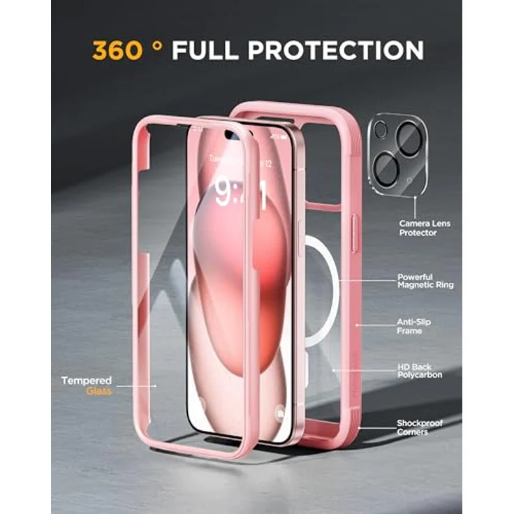 Miracase 360 Grad Hülle für iPhone 15, Magnetisch mit 9H-Glas Schutzfolie und Kameraschutz, Rosa, Stoßfest und Komplettschutz, 6,1 Zoll – Bild 2