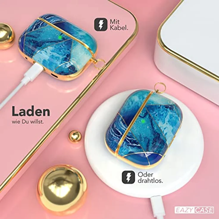 EAZY CASE Schutzhülle für AirPods Pro 2 Hülle Blau - Stoßfest mit Karabiner - Antikratz Etui - Rutschfest - Hardcase für Airpod Pro 2. Generation in Hellblau Marmor – Bild 5