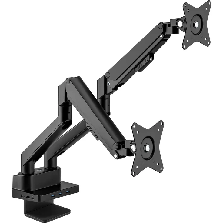 Manhattan Aluminium-Tischhalterung mit Gasdruckfeder für zwei Monitore, 8-in-1-Dockingstation, VESA-kompatibel, Schwarz