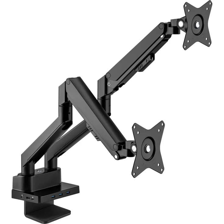 Manhattan Aluminium-Tischhalterung mit Gasdruckfeder für zwei Monitore, 8-in-1-Dockingstation, VESA-kompatibel, Schwarz