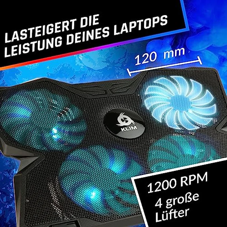 KLIM Wind Laptop Kühler mit 4 Hochleistungslüftern, USB powered, stabil und leise, kompatibel für 15-17 Zoll Laptops, Blau – Bild 3