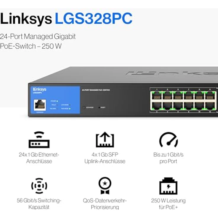 Linksys 24-Port Managed Gigabit-Netzwerk-Switch, 4 1-Gb-Uplink-SFP-Steckplätze, PoE/PoE+, QoS, statisches Routing, VLAN, IGMP, Metallgehäuse, Platzierung auf dem Schreibtisch/an der Wand – LGS328PC – Bild 2