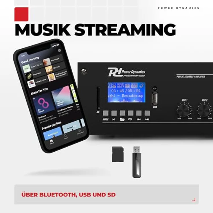 Power Dynamics PRM360 PA Endstufe, 360 Watt Verstärker mit Bluetooth, MP3-Player, USB, SD, 2X Mic, 100 Volt System – Bild 3