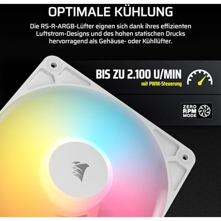 Corsair RS120-R ARGB 120-mm-PWM Gehäuselüfter, 5 ARGB-Reverse-Lüfter mit hohem statischen Druck, Daisy-Chain-Schaltung, magnetischem Domlager, Zero-RPM-Modus – Dreierpack – Weiß – Bild 7