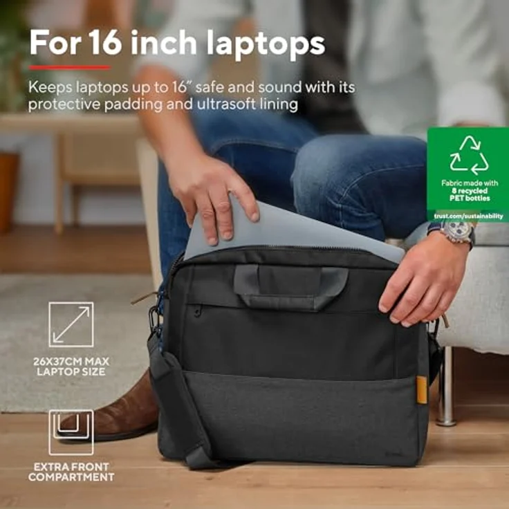 Trust Lisboa Laptoptasche 16 Zoll, Umhängetasche Herren Damen mit Trolley-Gurt, Tasche aus Recycelten PET-Flaschen, Arbeitstasche für Reisen Business MacBook Notebook HP Dell Asus Lenovo - Schwarz – Bild 2