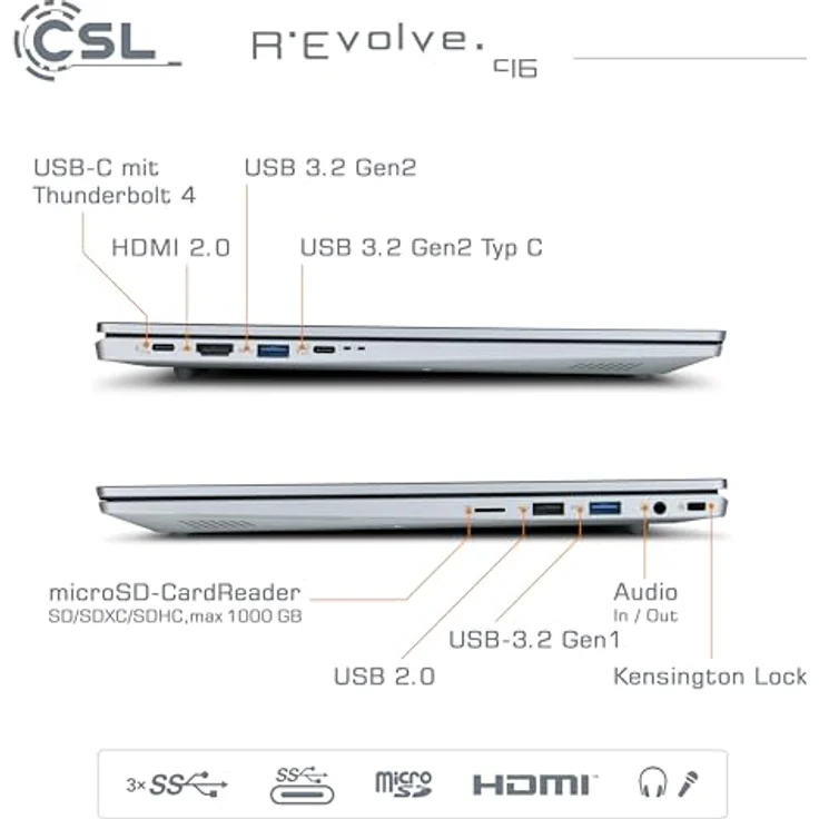 CSL R'Evolve C16, 16 Zoll Slim & Silent Laptop mit Intel Core i5-1235U, 32 GB RAM, 1000 GB SSD, WUXGA IPS Display, Windows 11 Home, USB 3.2, BT 5.2, AX WLAN – Bild 4