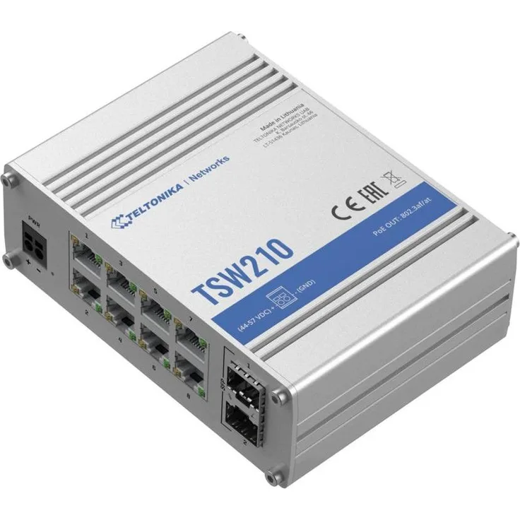 Teltonika TSW210 8-Port Netzwerk Switch, 8 Gigabit-Ethernet-Ports, 2 SFP-Ports, robustes Aluminiumgehäuse, DIN-Schienen- und Oberflächenmontage