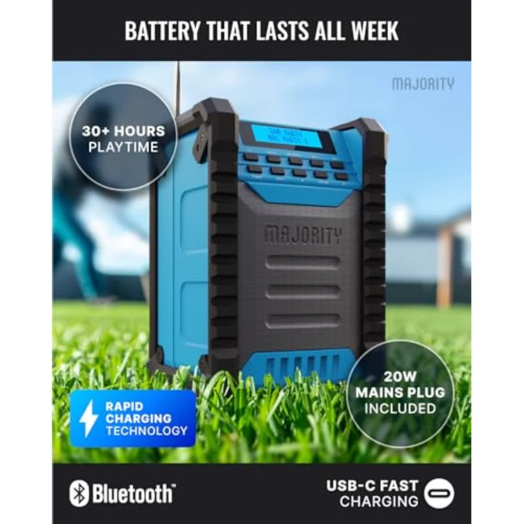 MAJORITY Landbeach Baustellenradio, DAB Radio mit Bluetooth, 10.000mAh Akku, 28 Stunden Laufzeit, IP54 staub- und wasserdicht, 30W Lautsprecher, USB-Powerbank – Bild 3