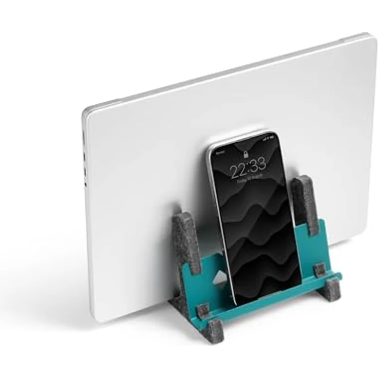 Durable Laptop Ständer Vertical Effect, vertikaler Laptop Halter aus 60% recyceltem PET-Filz mit Ablage für Handy/Tablet, Petrol/dunkelgrün, für 13“-17“ Laptops – Bild 2