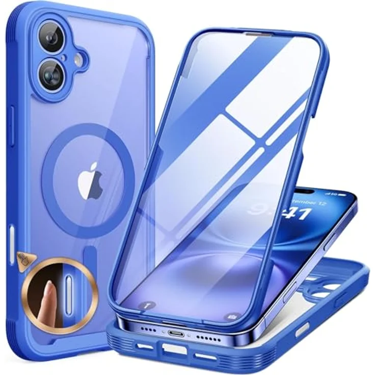 Miracase 360 Grad Handyhülle für iPhone 16 Plus mit MagSafe, 9H Glas Displayschutz, stoßfest, 6,7 Zoll, Blau – Bild 1