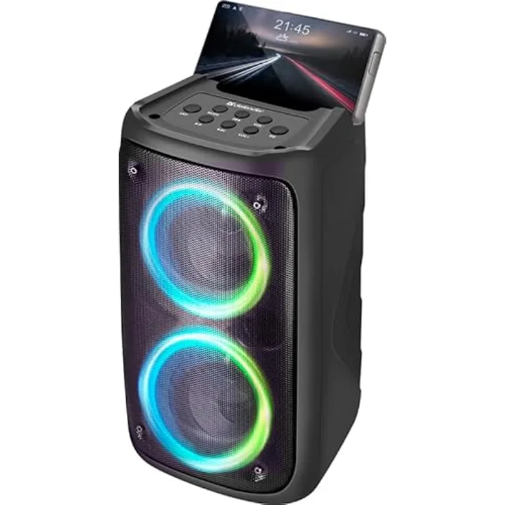 Defender Global Defender® Boomer 20 Bluetooth Lautsprecher mit LED Licht, 20W, TWS Funktion, EQ-Modus, Bluetooth 5.0, USB-C Ladekabel, 5-Modi Lichteffekte, 7-farbige LED-Lichtshow, Karaoke Mikrofon - Schwarz