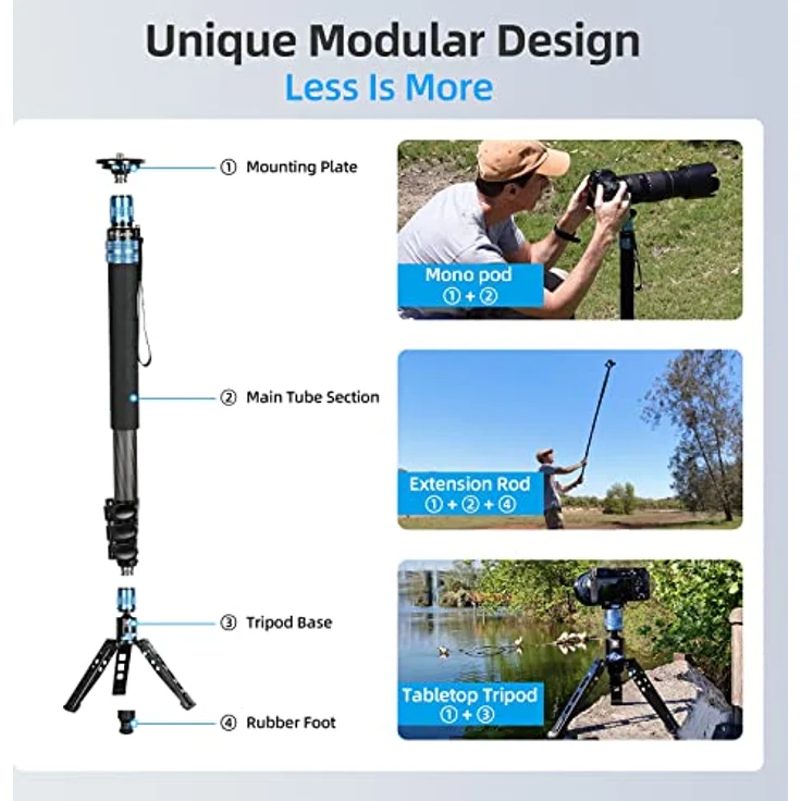 SIRUI P-424FL Kohlefaser Kamera Einbeinstativ Kit, 198CM Heavy Duty Professional Video Einbeinstativ mit VA-5 Fluid Video Kopf, Stativsockel, Flip Locks für DSLR Kamera – Bild 5