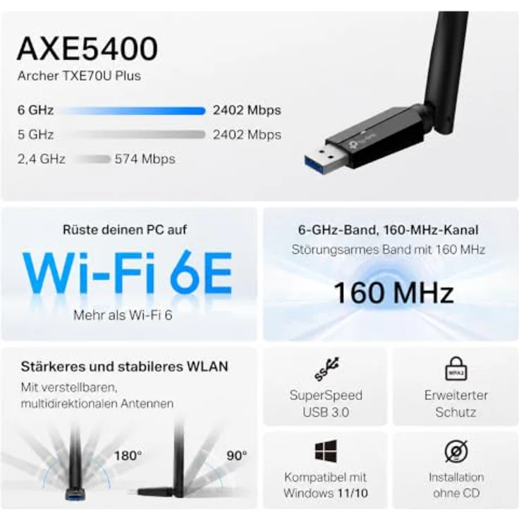 TP-Link Archer TXE70U Plus, WLAN Stick für PC mit AXE5400 Tri-Band WiFi 6E, USB 3.0, High-Gain Antennen, WPA3, kompatibel mit Windows 11/10 – Bild 3