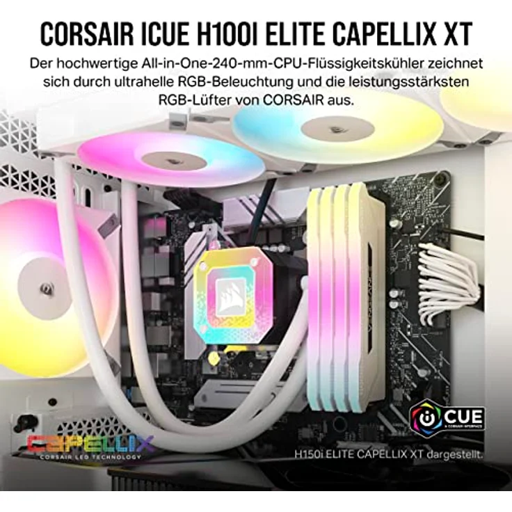 Corsair iCUE H100i Elite CAPELLIX XT Flüssig-CPU-Kühler - Zwei AF120 RGB Elite-Lüfter - 240-mm-Radiator - Intel LGA 1700, 1200, 115X, 2066, AMD AM5, AM4 - Inklusive iCUE Commander CORE - Weiß – Bild 2