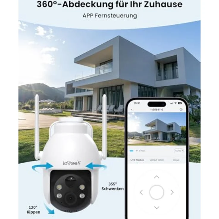 ieGeek 2K 3MP Solar Überwachungskamera Aussen, 360° PTZ Kamera mit PIR Bewegungsmelder, Farb-Nachtsicht, 2-Wege-Audio, IP65, Kabellos, Akku, 2.4GHz – Bild 5