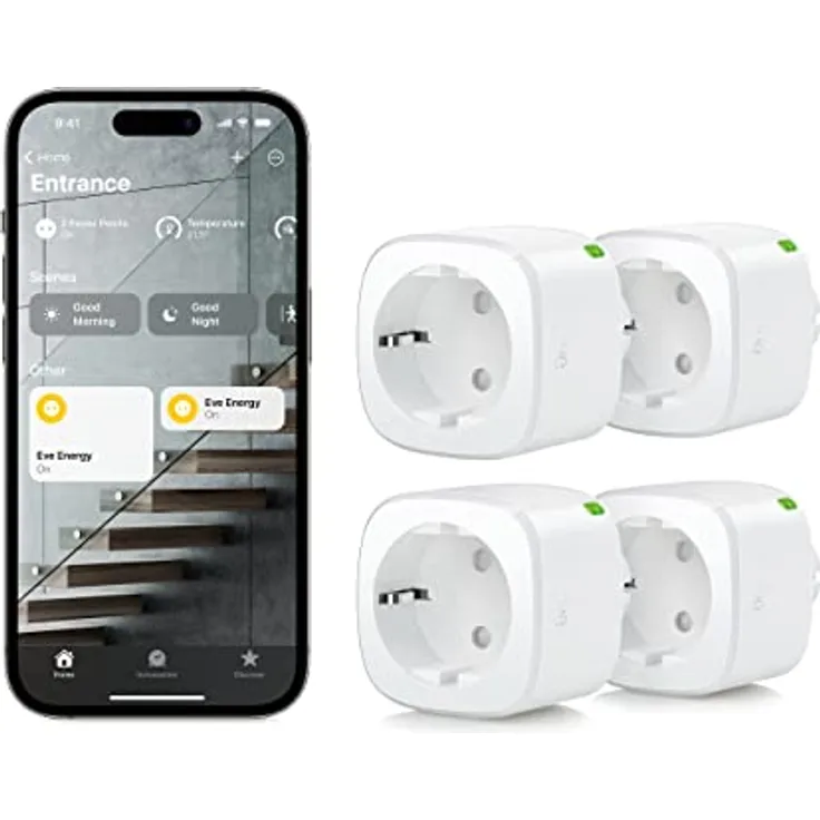 Eve Battery Smart Plug Set, 4 Stück, Matter-kompatibel, App- und Sprachsteuerung, keine Bridge nötig, weiß