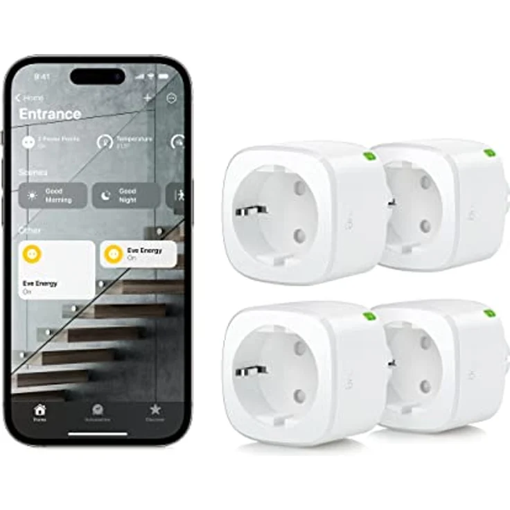 Eve Battery Smart Plug Set, 4 Stück, Matter-kompatibel, App- und Sprachsteuerung, keine Bridge nötig, weiß – Bild 1
