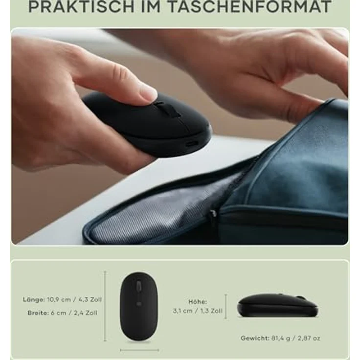 Satechi OntheGo Bluetooth Wireless Mouse, kabellose Maus mit modernem Design, Schwarz, Multi-Device-Unterstützung bis zu 3 Geräten, einstellbare DPI von 800 bis 2400, USB-C-Ladeanschluss – Bild 5