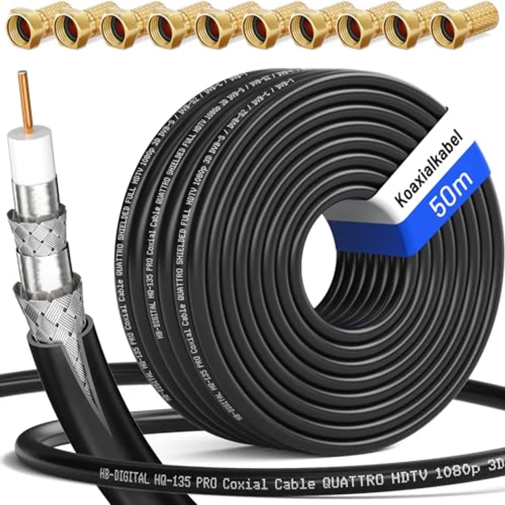 50 m 135 HQ Koaxial Kabel SCHWARZ + 10 x F-Stecker – Bild 2