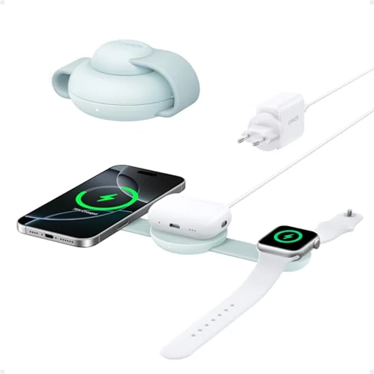 Anker MagGo 3-in-1 Kabellose Ladestation (mit EU/US/UK Stecker), MagSafe-Kompatibles Qi2-Zertifiziertes 15W Ladegerät, Faltbares Reise-Ladepad für iPhone 16/15, AirPods, Apple Watch - Weiß