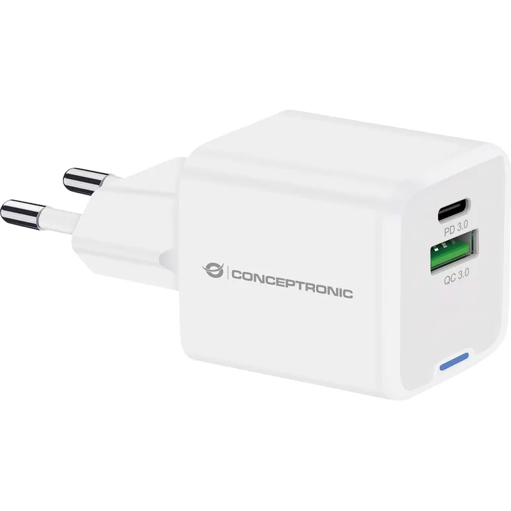 Conceptronic 2Port GaN USB-C/-A Ladegerät 20W PD 3.0/PPS, weiß