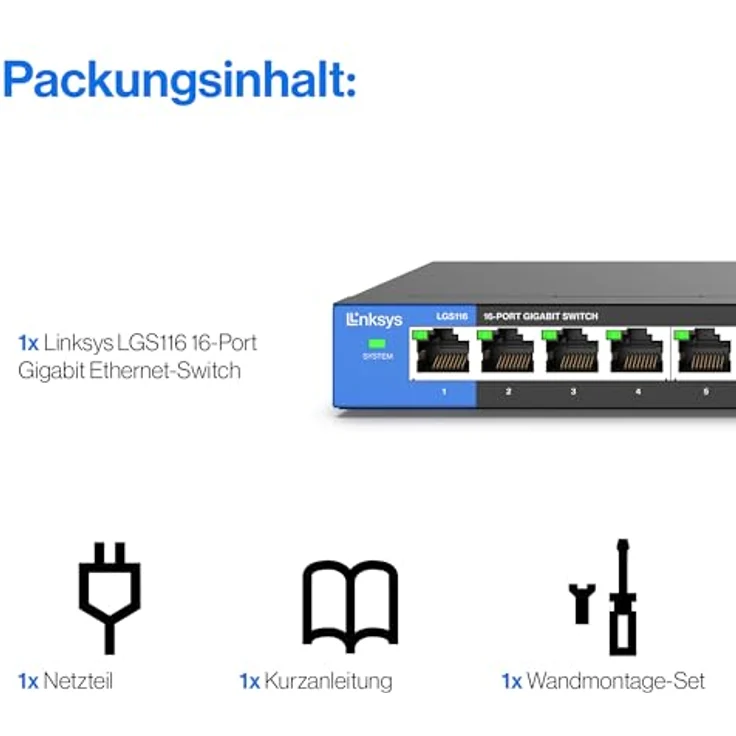 Linksys LGS116-EU 16-Port Unmanaged Gigabit Netzwerk Switch (Lüfterlos, Auto Sensing, Energiesparfunktion) schwarz – Bild 9