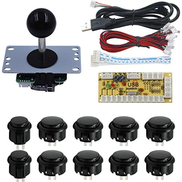 SJ@JX Zero Delay Arcade DIY Kit, USB Encoder mit 5Pin Joystick und 10 schwarzen Drucktasten für PC und Raspberry Pi – Bild 1