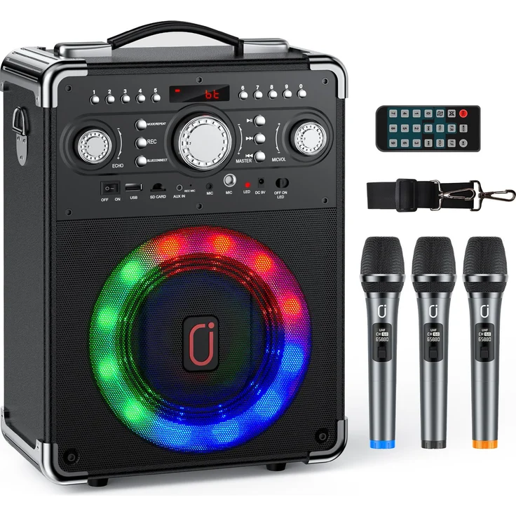 JYX Karaoke-Maschine Bluetooth-Lautsprecher mit 5,25" Woofer, 2 UHF-Mikrofonen und Disco-Lichtern, Schwarz