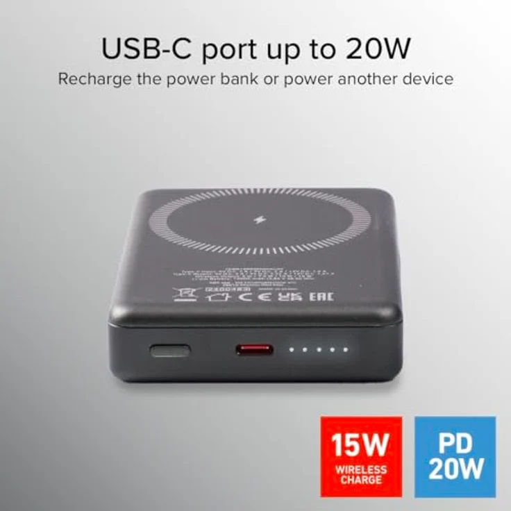 SBS PowerBank 10K MagSafe, 10.000 mAh Power Delivery 20 W, kabelloses Laden 15 W, magnetisch, Status-LED, USB-C, Aluminium Grau – Bild 2