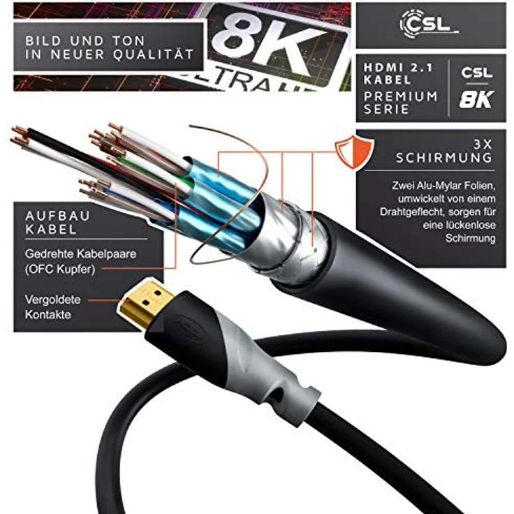 CSL - 8k HDMI Kabel 2.1 5m Meter - 8K @ 60Hz 4K @ 120Hz mit DSC - 48 Gbit/s - HDMI 2.1 2.0a 2.0b - 3D - Highspeed Ethernet - HDTV - UHD II - Dynamic HDR-10+ - eARC - Variable Refresh Rate VRR – Bild 3