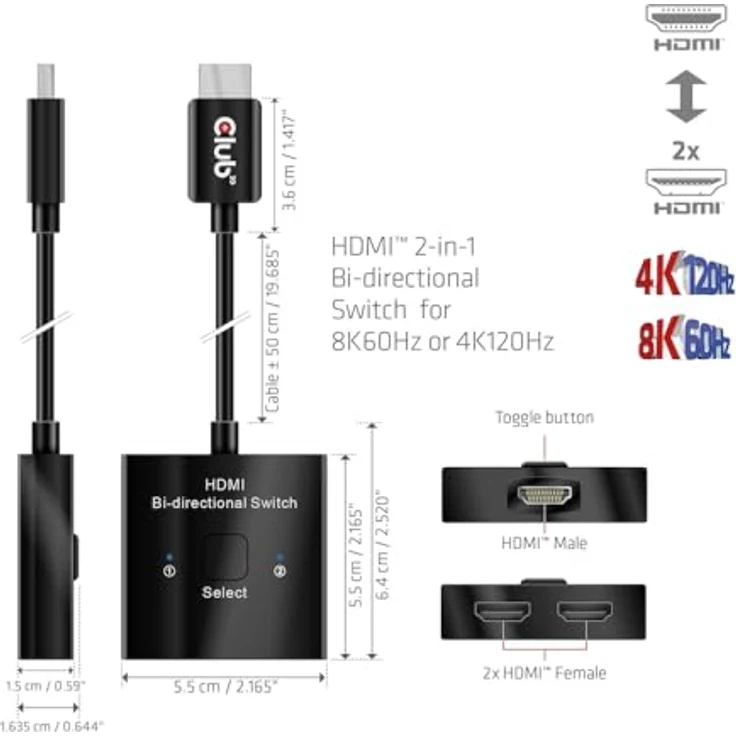 Club3D CSV-1384 HDMI™ 2-in-1 bi-direktionaler Switch für 8K60Hz oder 4K120Hz – Bild 4